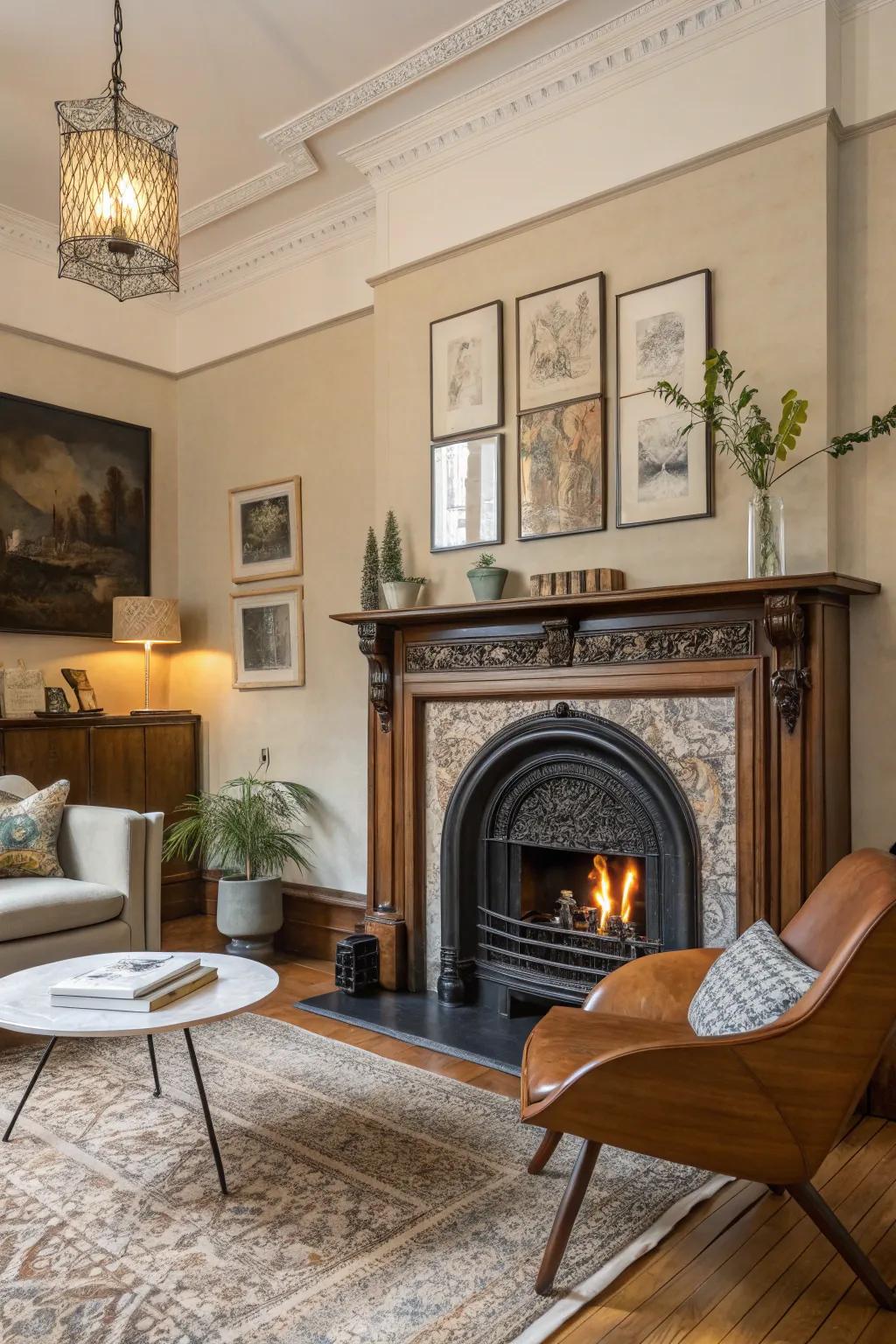 A living area showcasing a vintage fireplace border paired with modern decor.