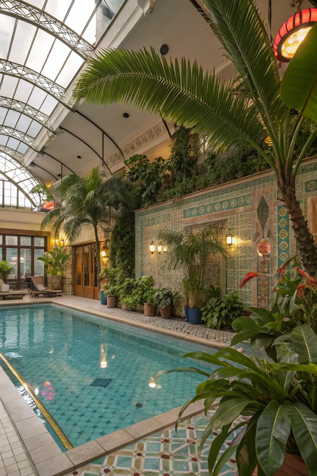A rainforest-themed indoor pool with lush greenery