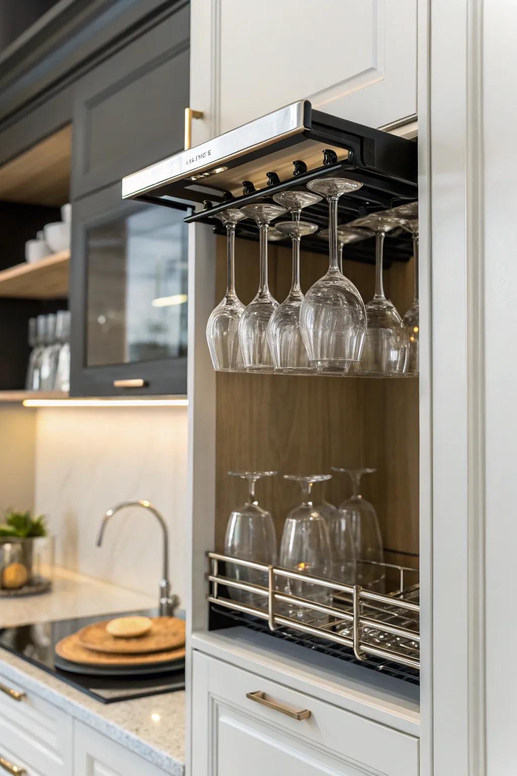 An under-cabinet wine glass rack saves space with style.