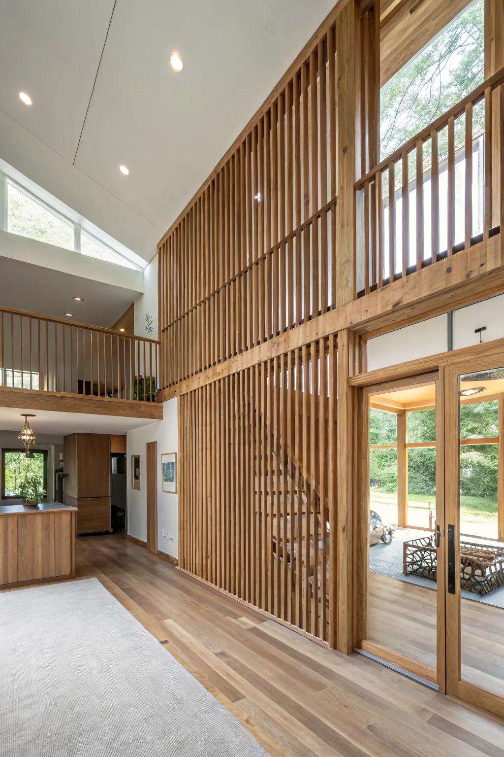 Improve seclusion and style using wood slat divider walls in your home.