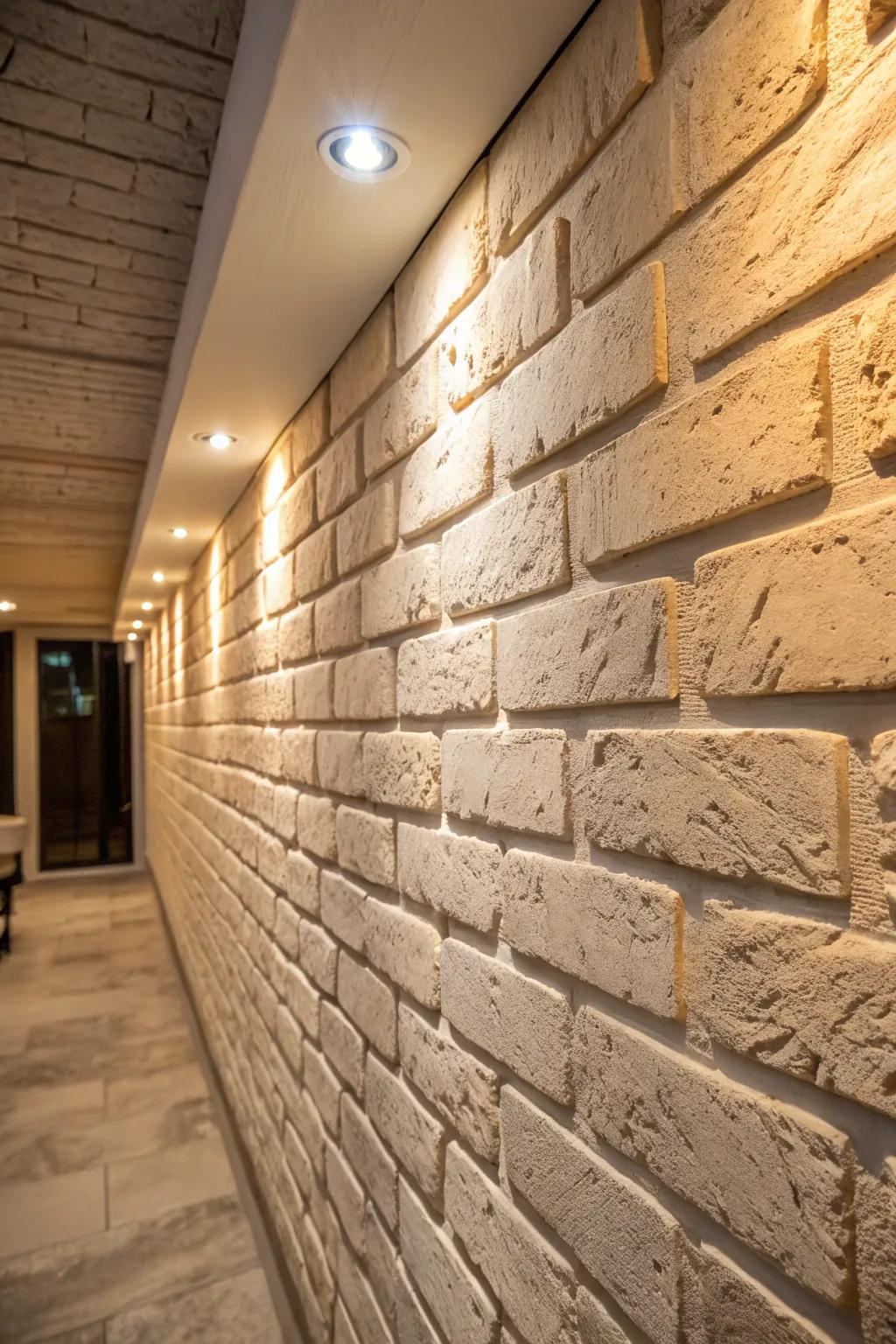 Plaster forms a country brick impression on a cinder block wall.