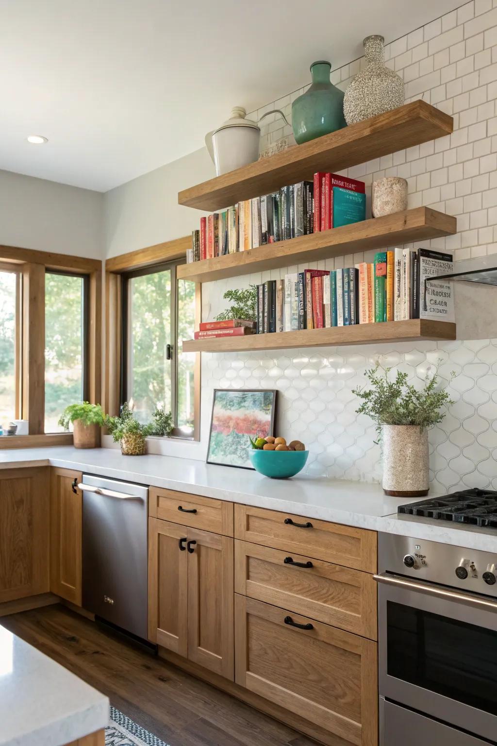 Wall mounted shelves offer stylish storage solutions.