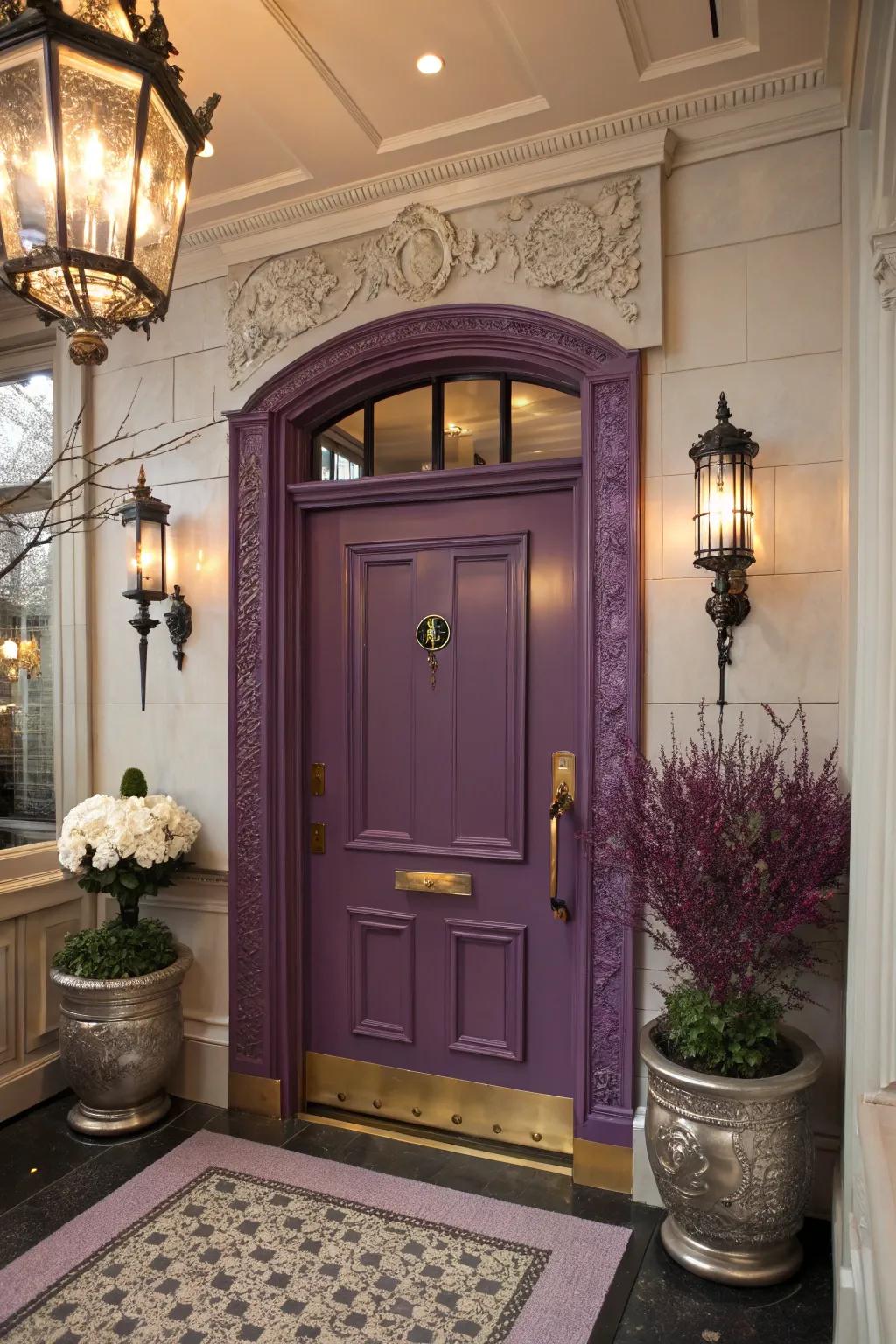 A purple door contributes luxury and creativity to the entryway.