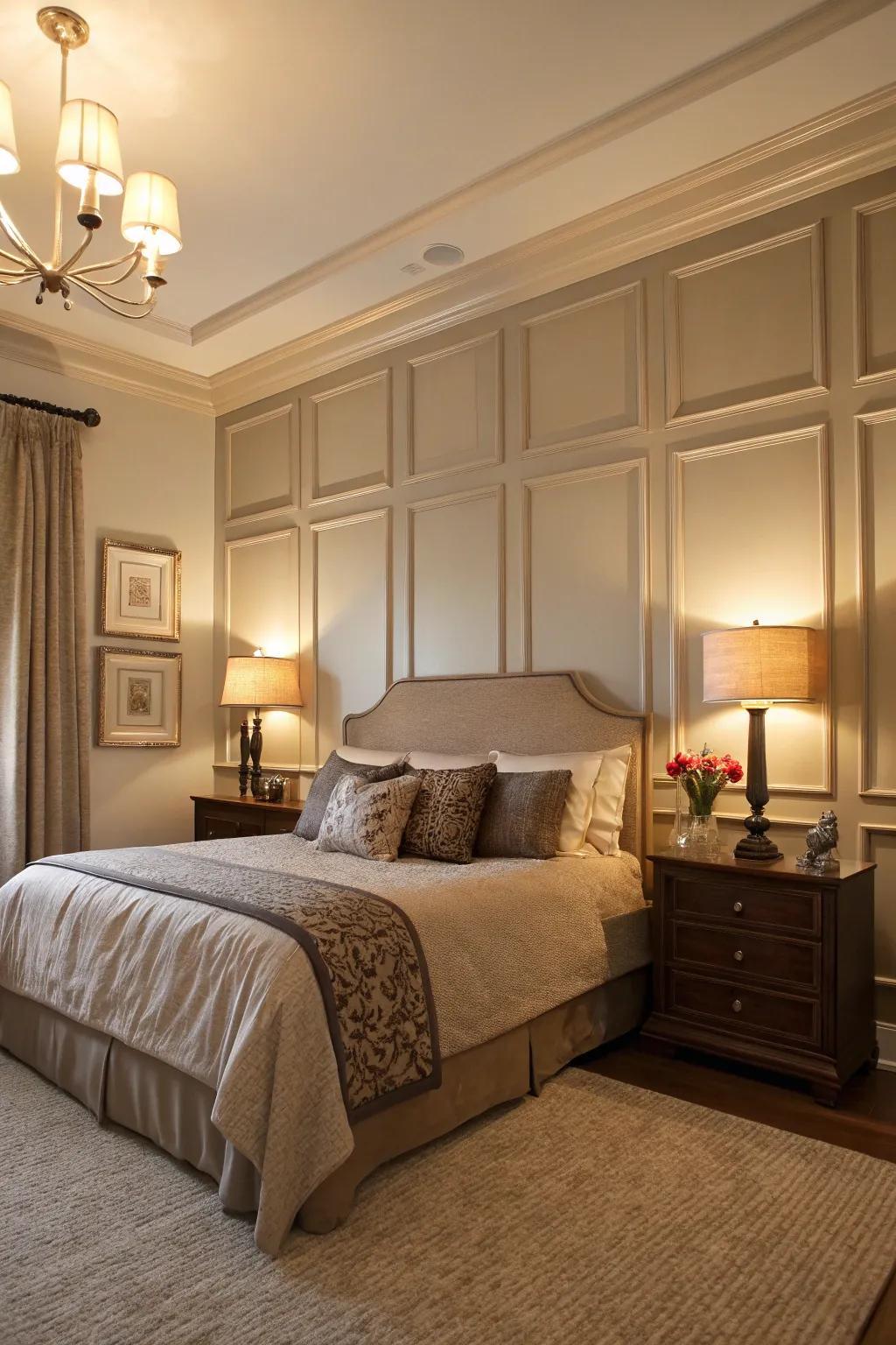 A bedroom accent wall with panel moldings creating a stunning focal point.