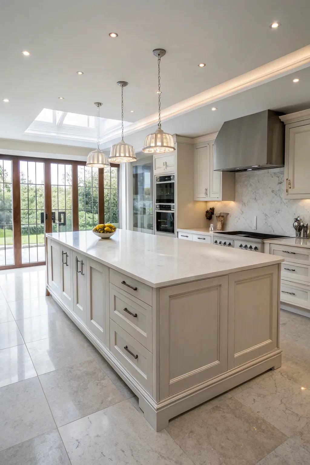A limestone countertop creating a serene and elegant kitchen atmosphere.