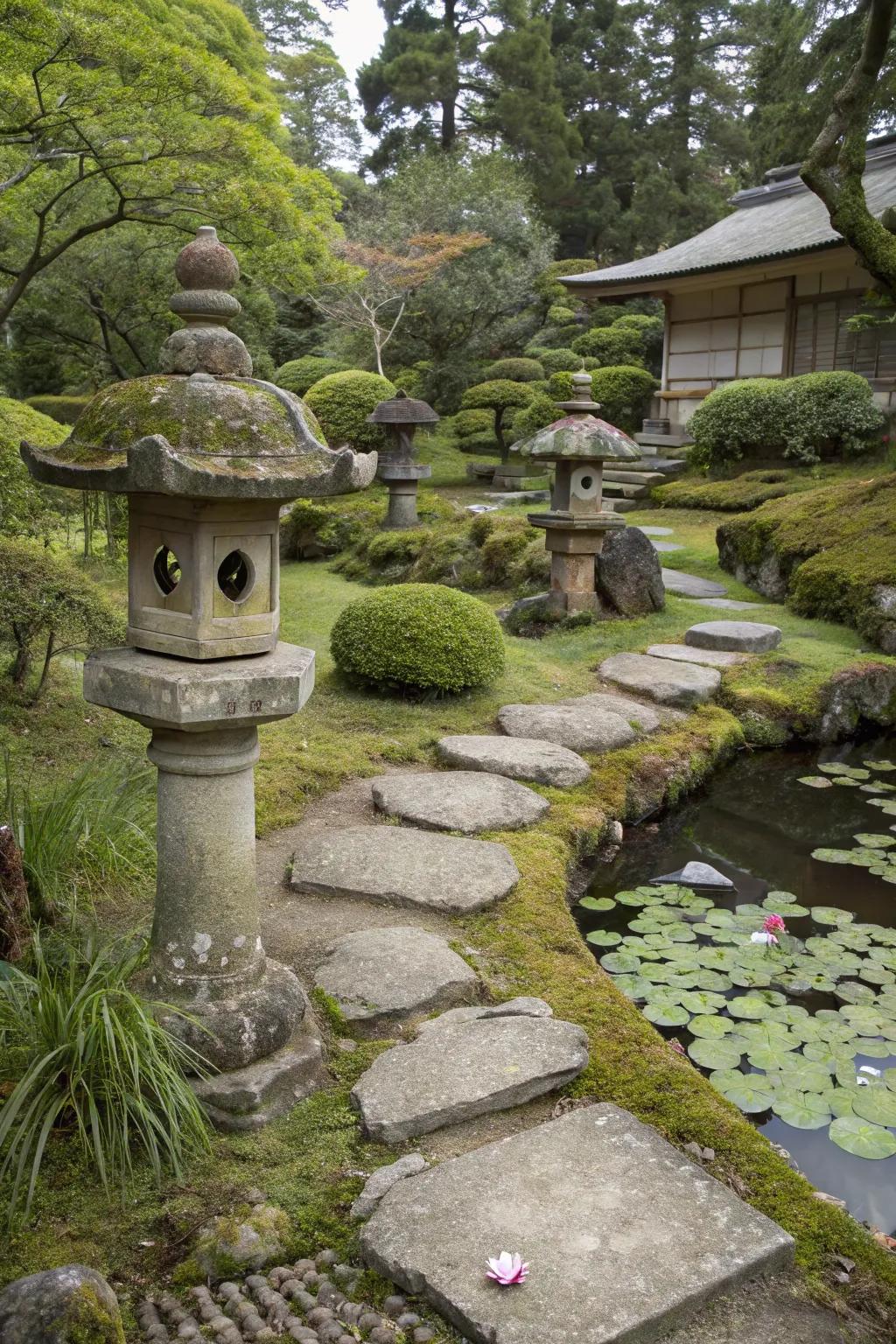 Wabi-sabi aspects showcasing imperfection in a Japanese garden.