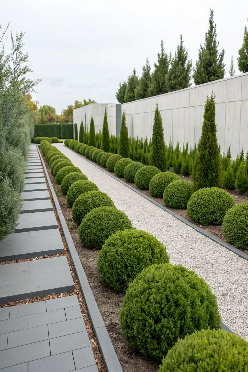 A streamlined modern garden featuring minimalist junipers