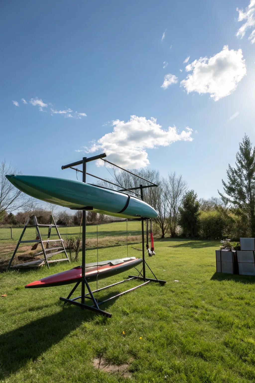 Movable self-supporting holder for kayak storage.