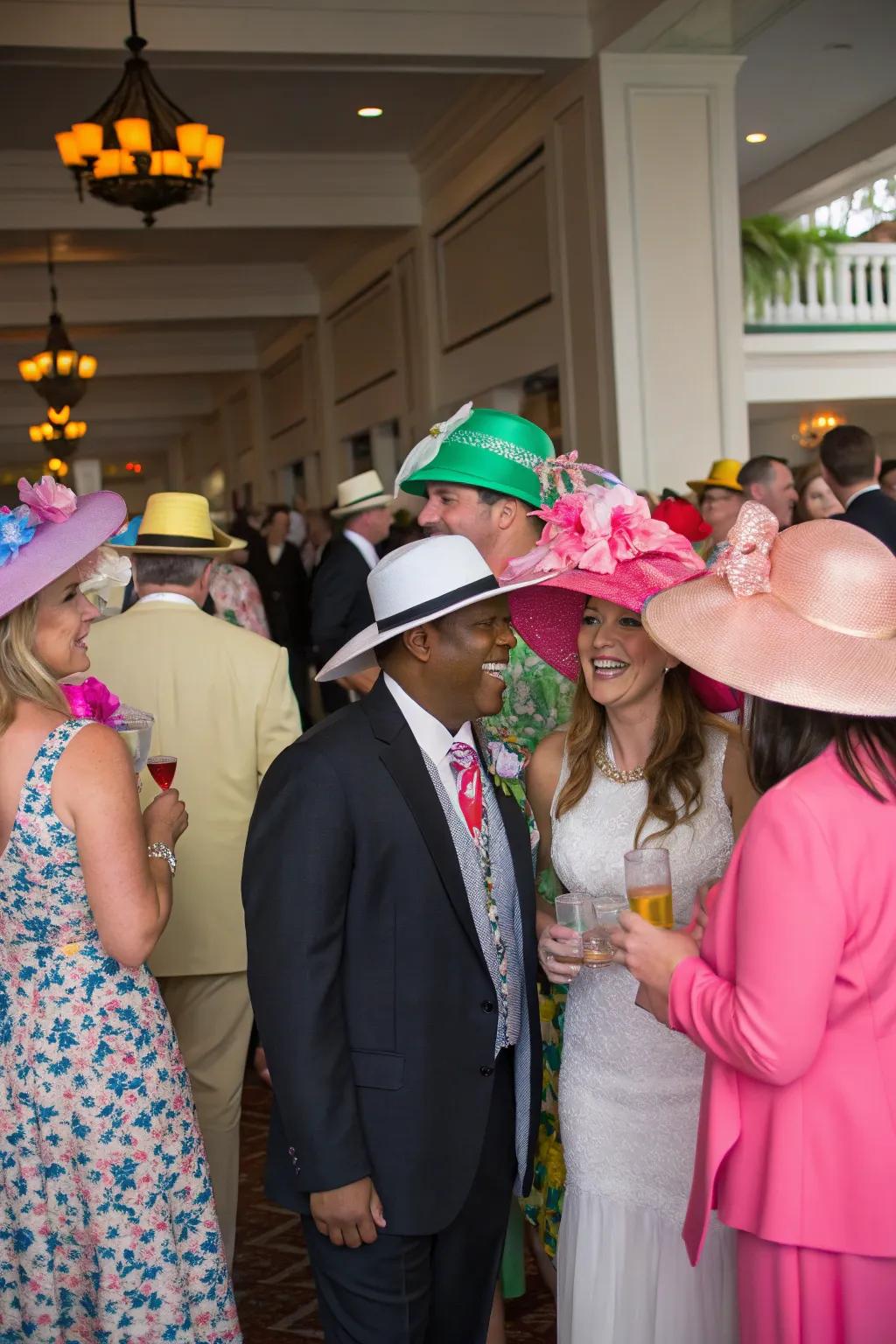 Guests elegantly dressed in Derby-themed attire enjoying the party.