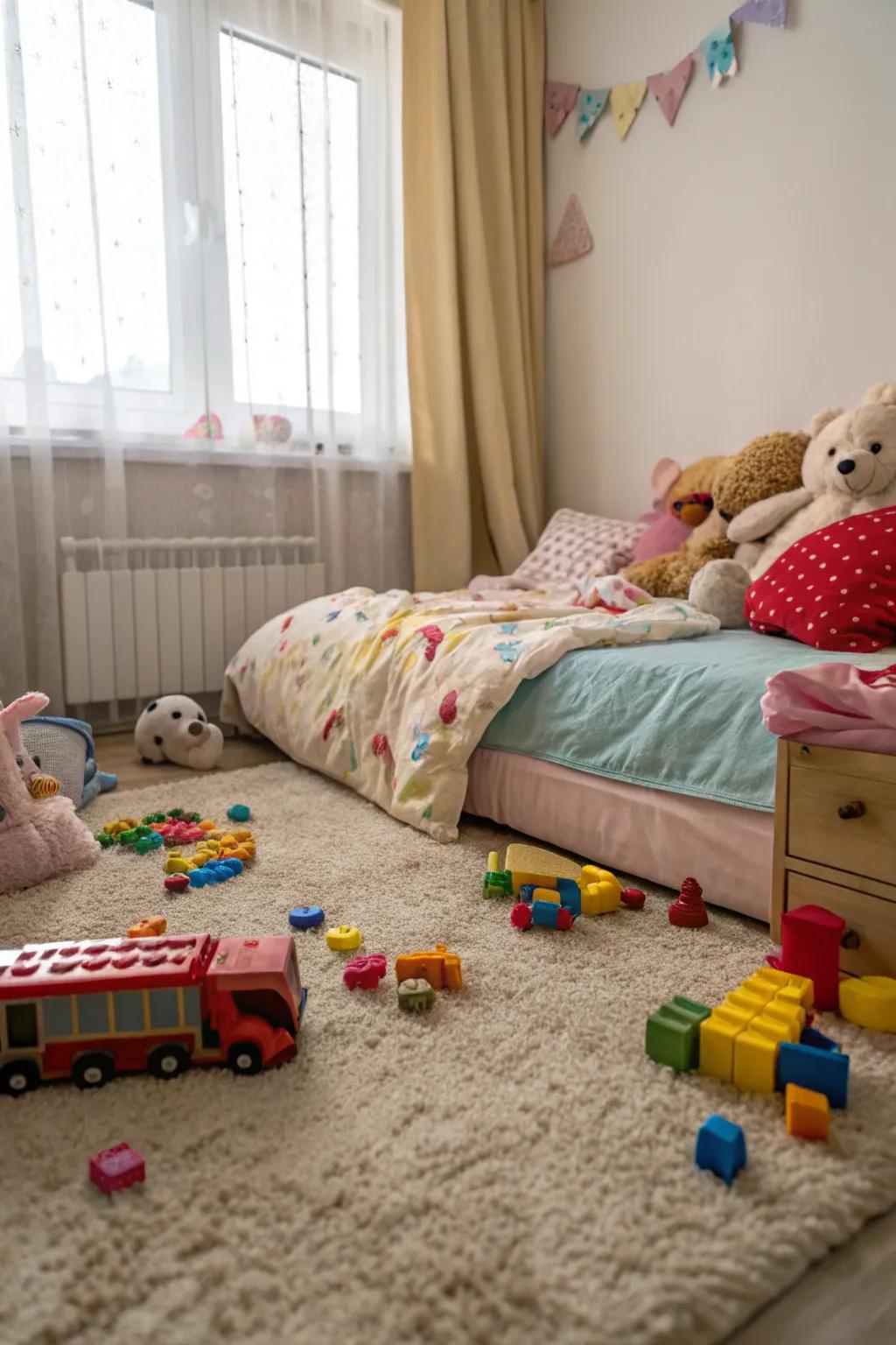 Soft carpeting transforms the floor into a safe play area.