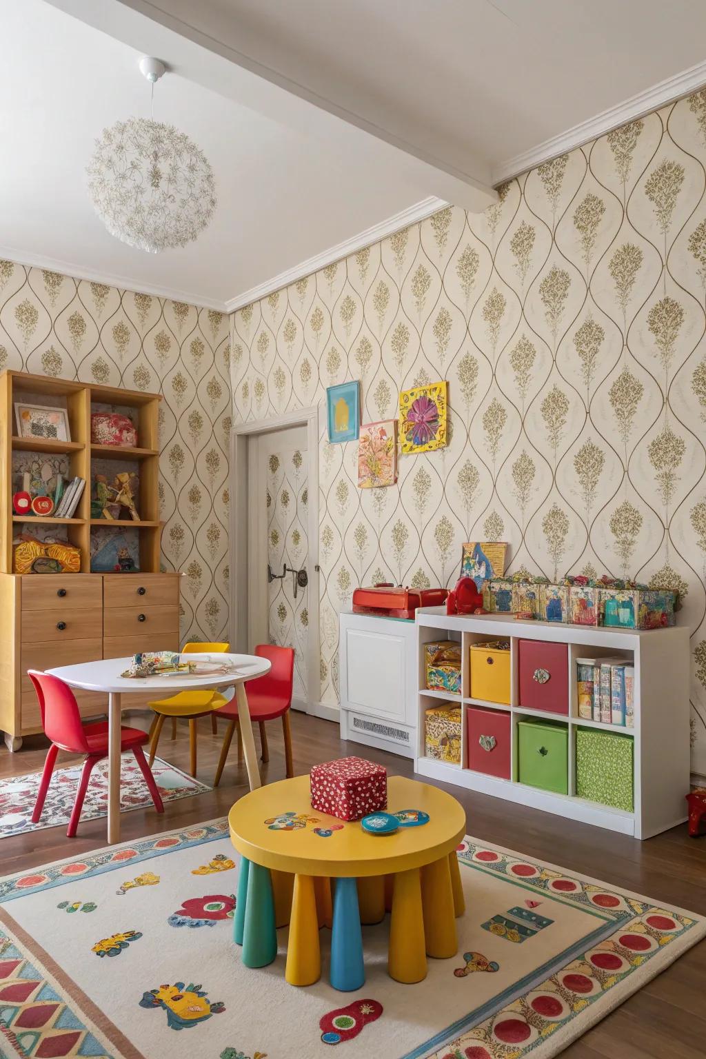 A playroom with vintage-inspired wallpaper offering a timeless aesthetic.