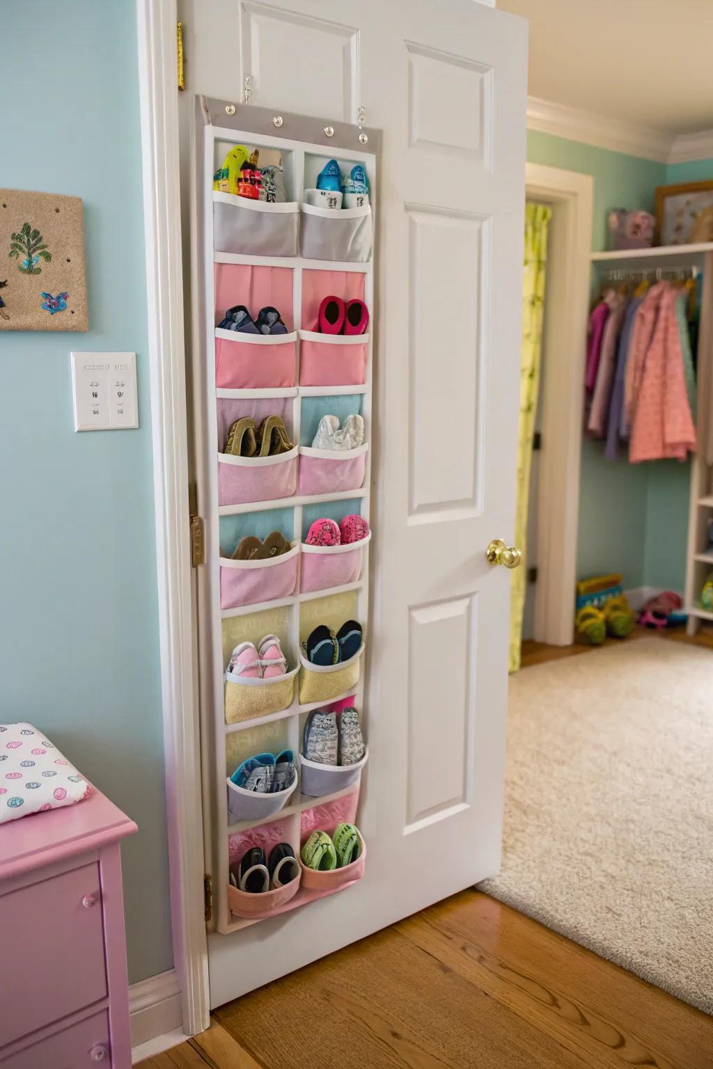 Maximize area using above-the-door shoe storage.