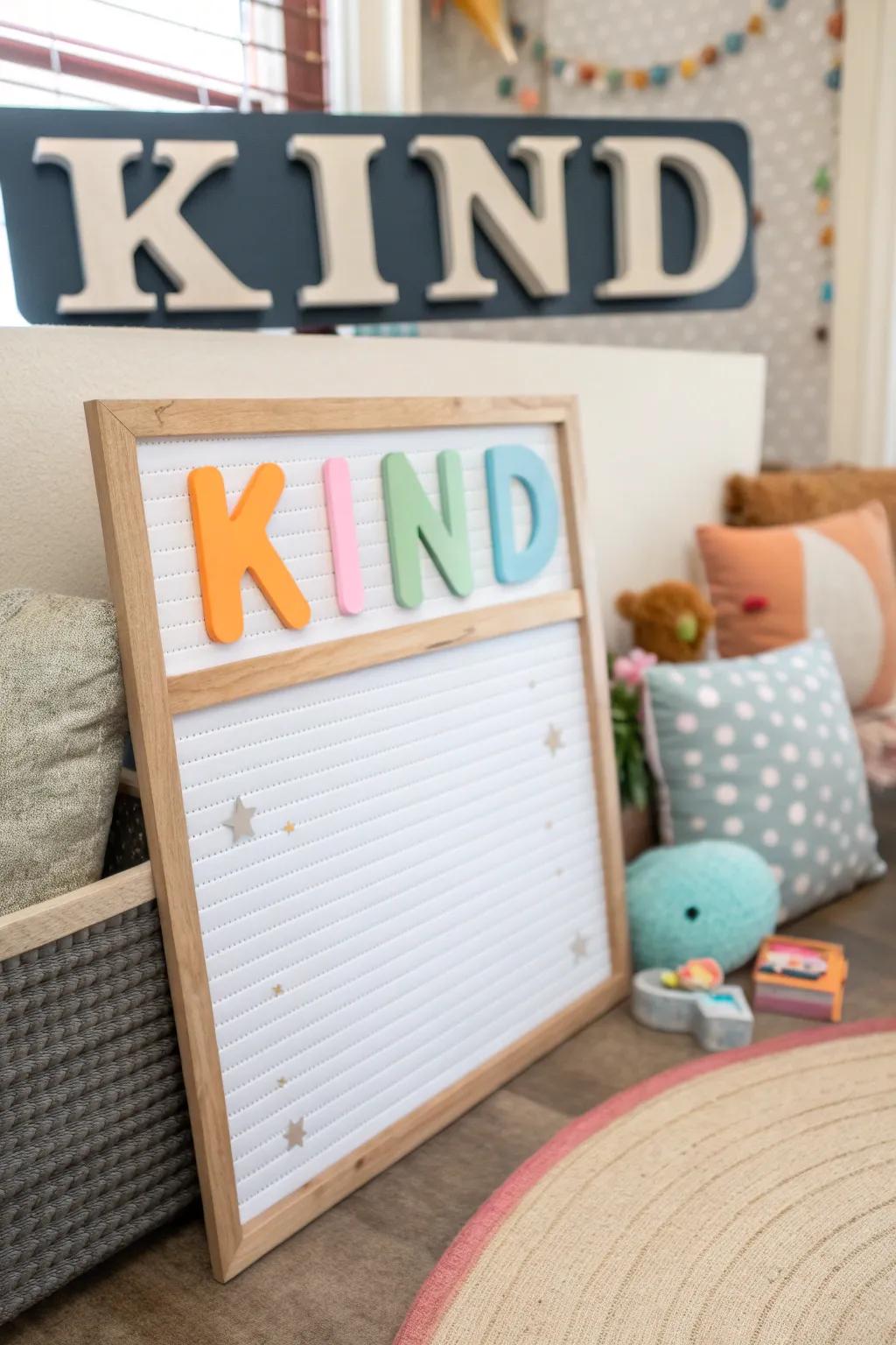 A playful home bulletin board encouraging everyone to 'Embody the I in KIND' with a photo zone.