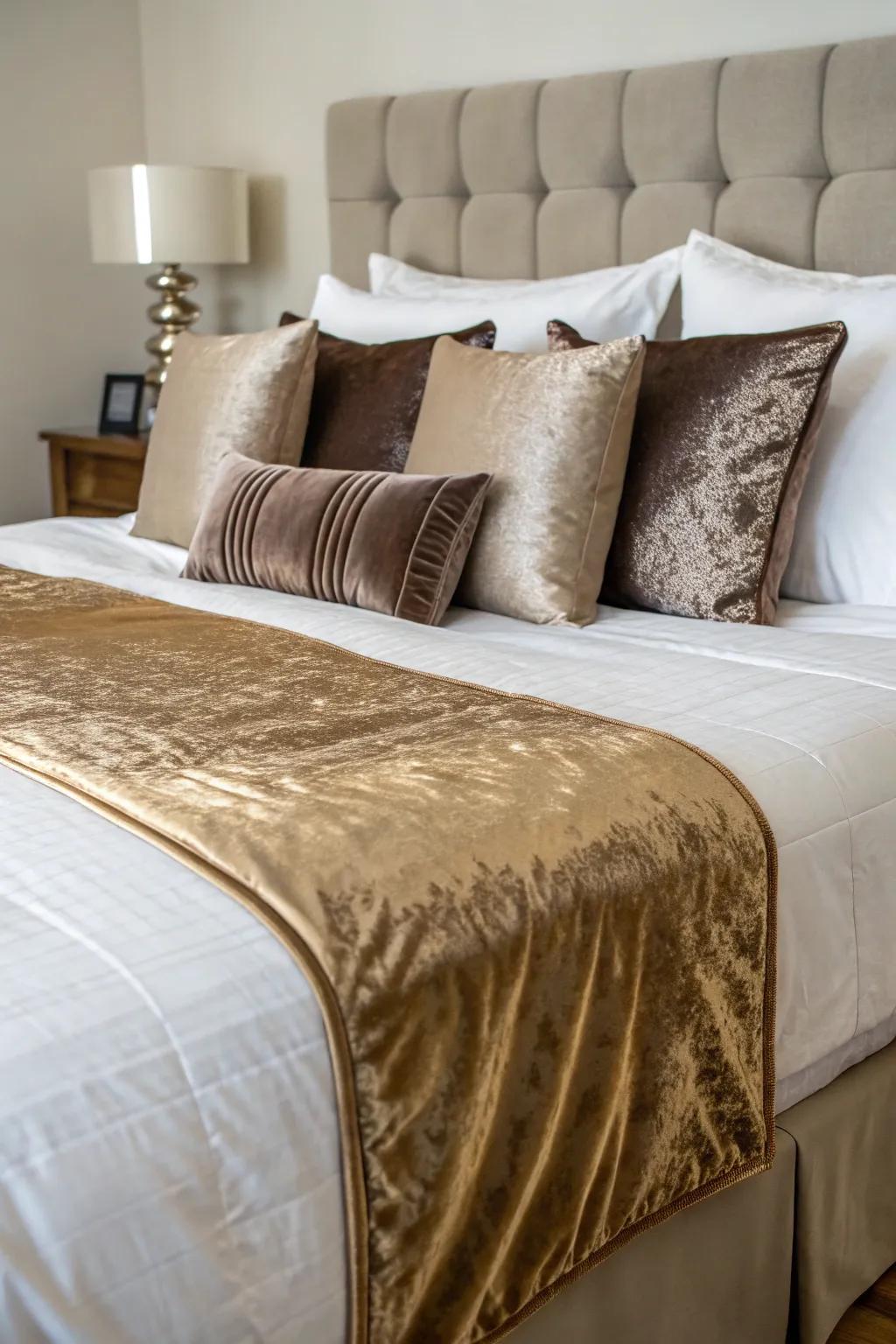 Surprising textures, such as velvet and silk, introduce luxury to this king-sized bed.