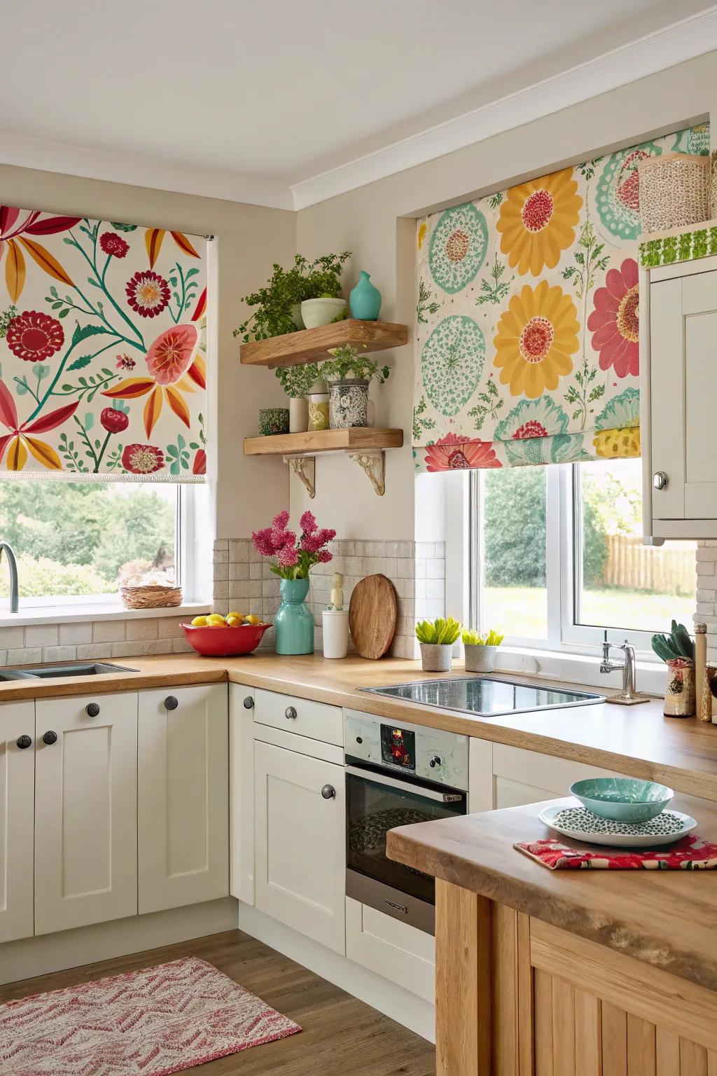 Cheerful kitchen featuring playful printed shades