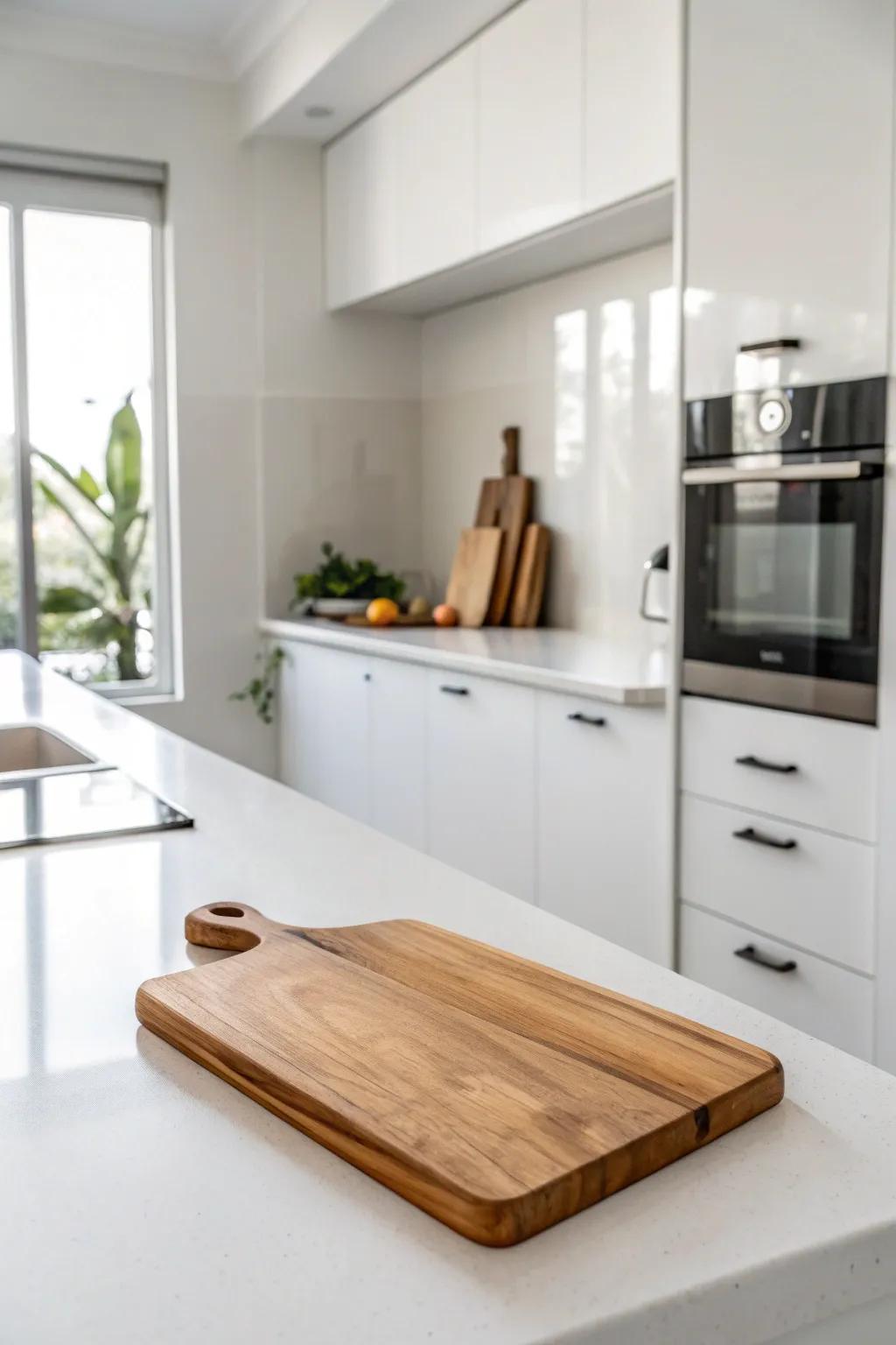 An understated display with a singular chopping block exhibits elegance and simplicity.