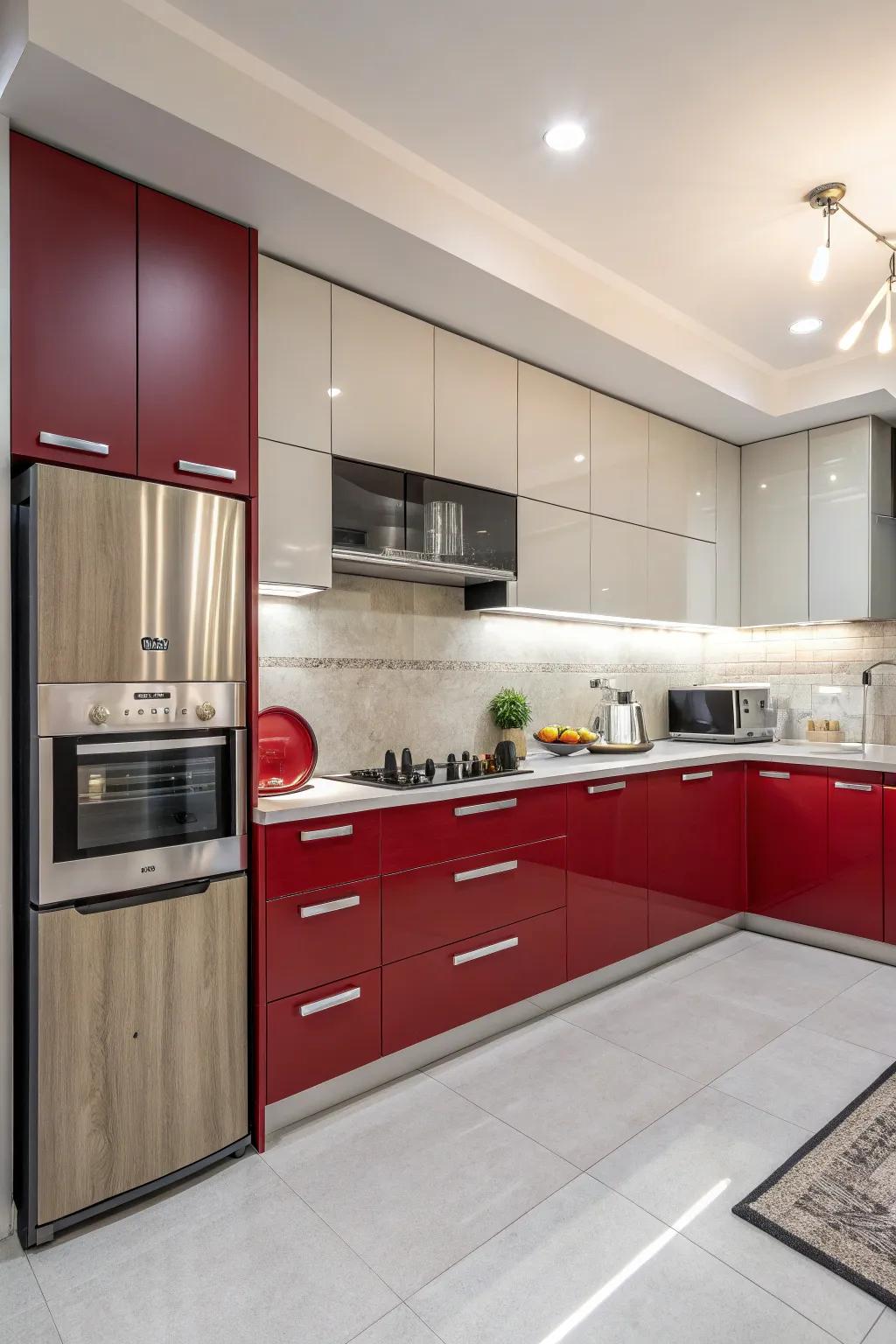 Crimson cabinets add energy and passion to the kitchen space.