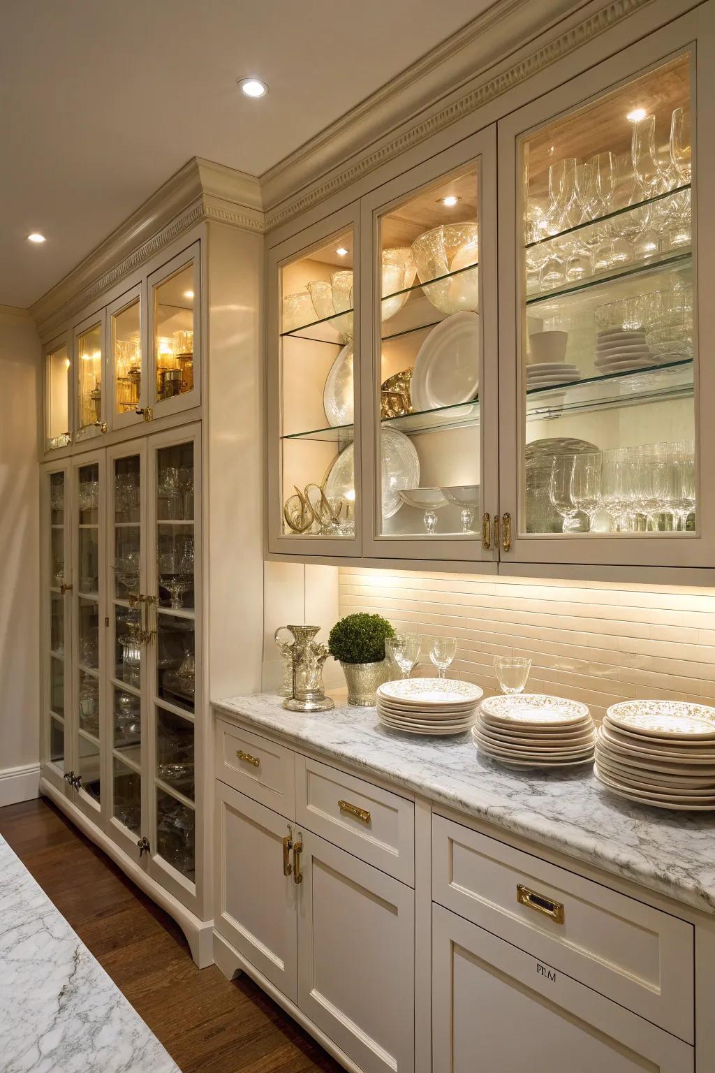 Clear-front cabinets present an elegant avenue to showcase tableware.