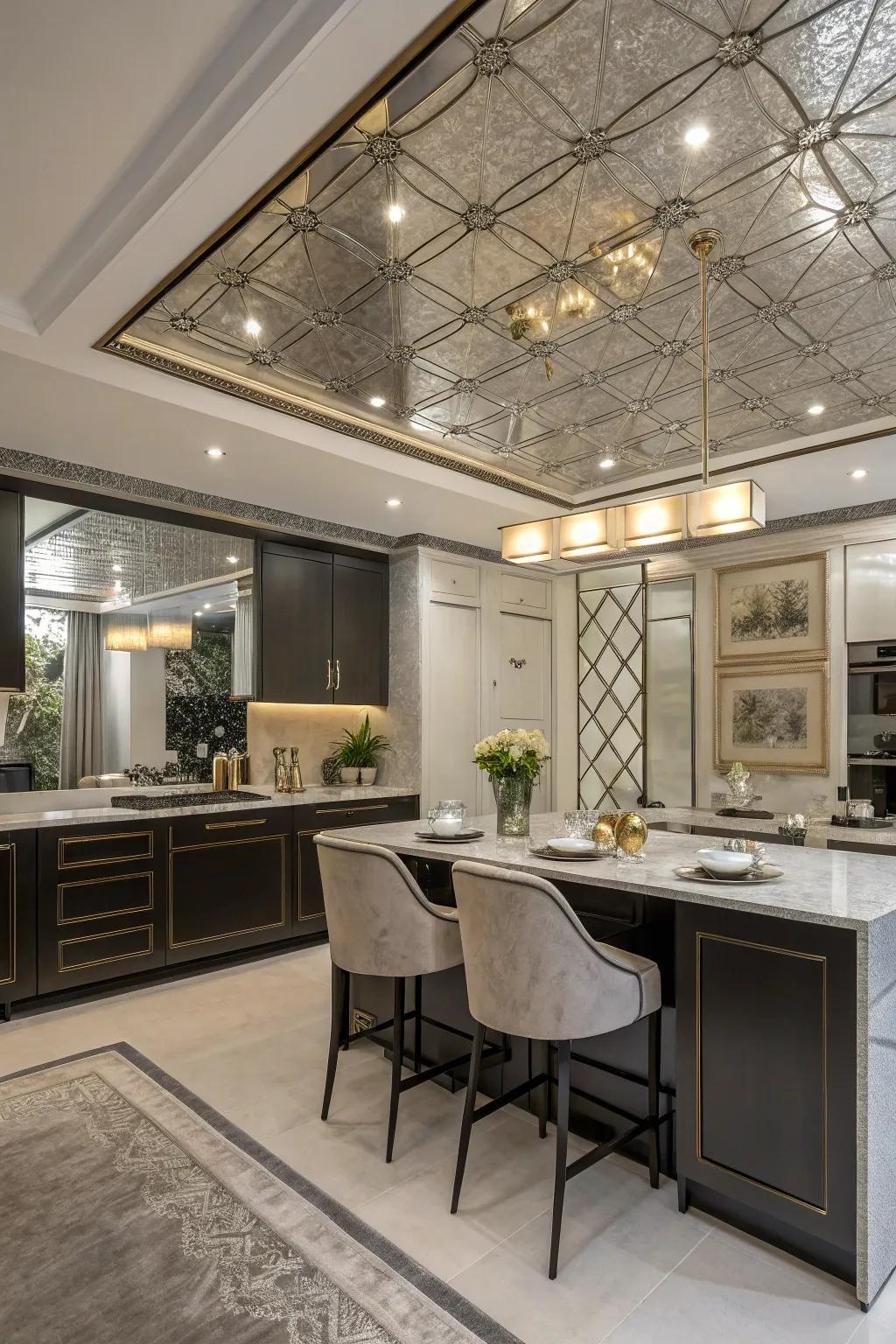 Create a sense of space with mirrored ceiling accents.