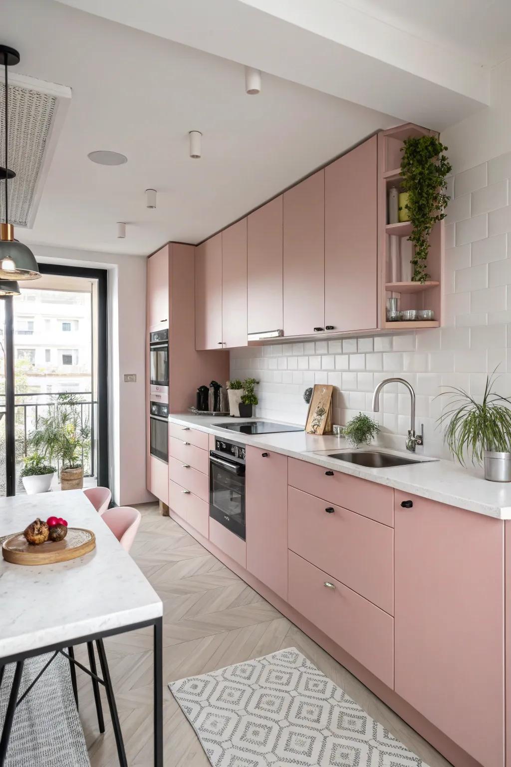 Cheerful soft rose delivers a whimsical and chic vibe to the cooking space.