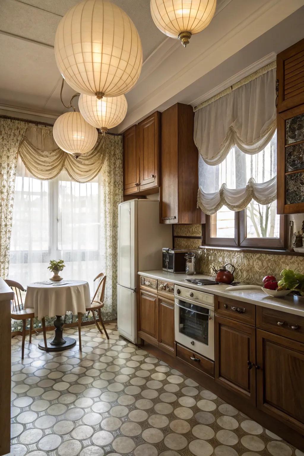 Old-time balloon window coverings add romantic charm to this kitchen.