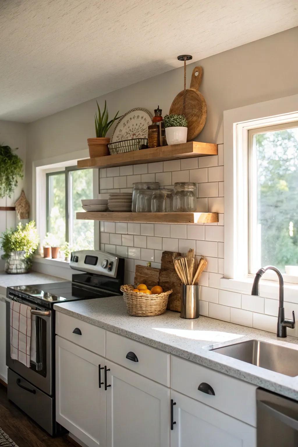 An extended shelf enhances minimalist charm.