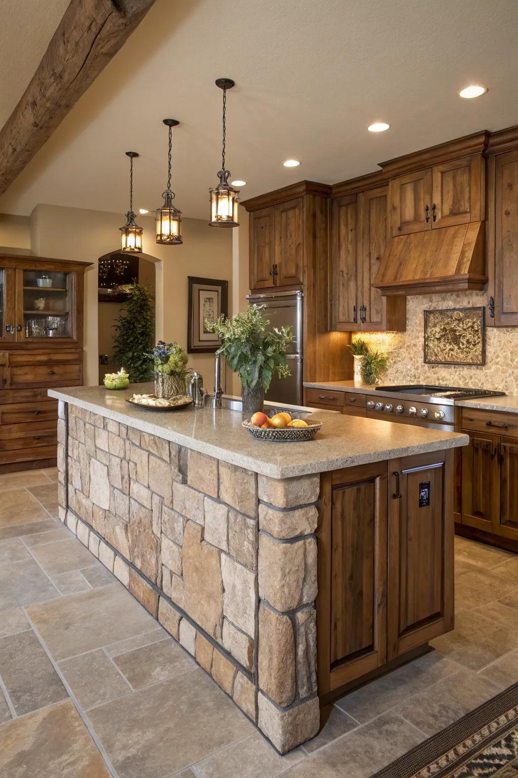Organic timber and organic tones craft a serene and balanced appearance for this kitchen island.