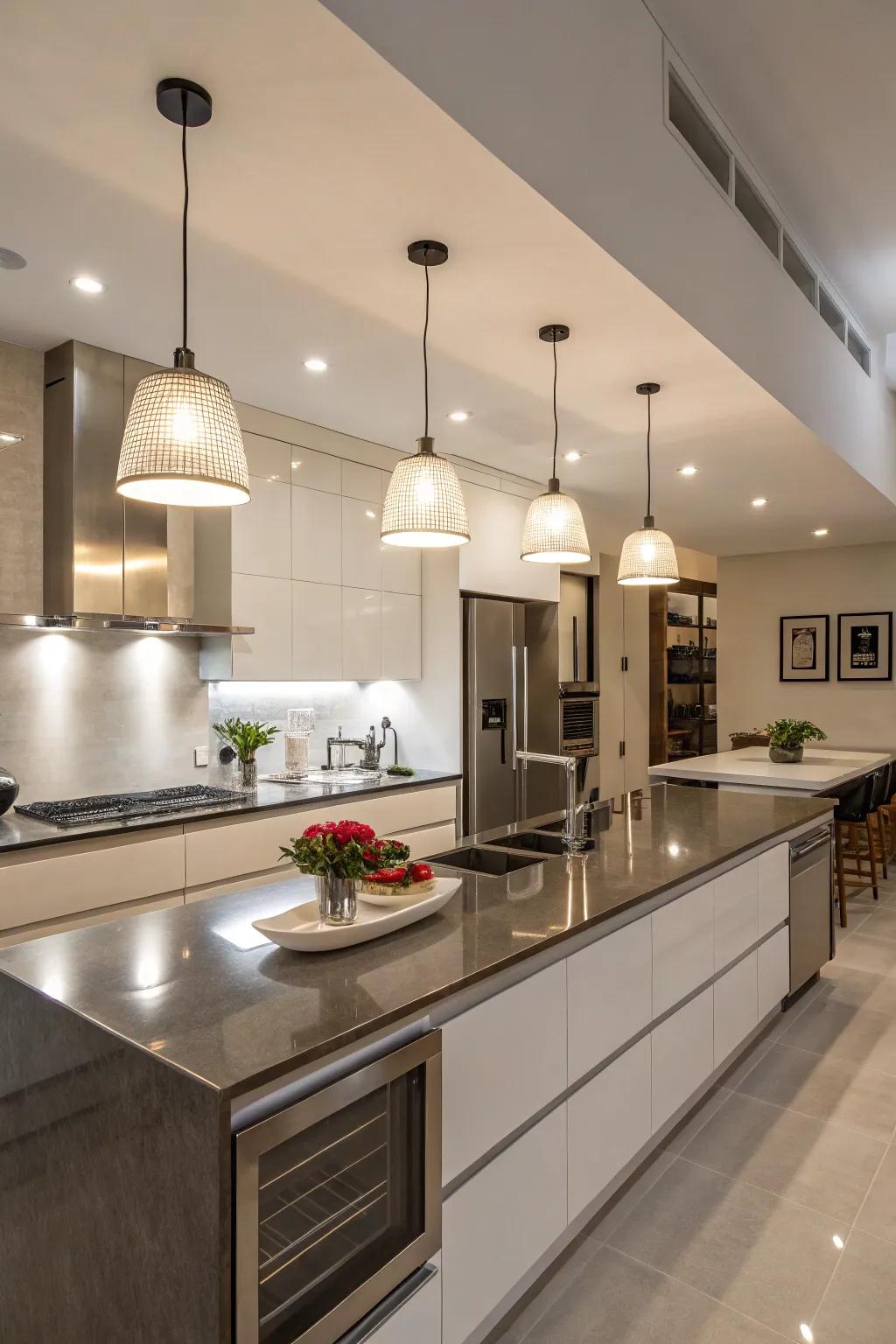 Sleek, modern lights create a contemporary atmosphere within this cooking space.