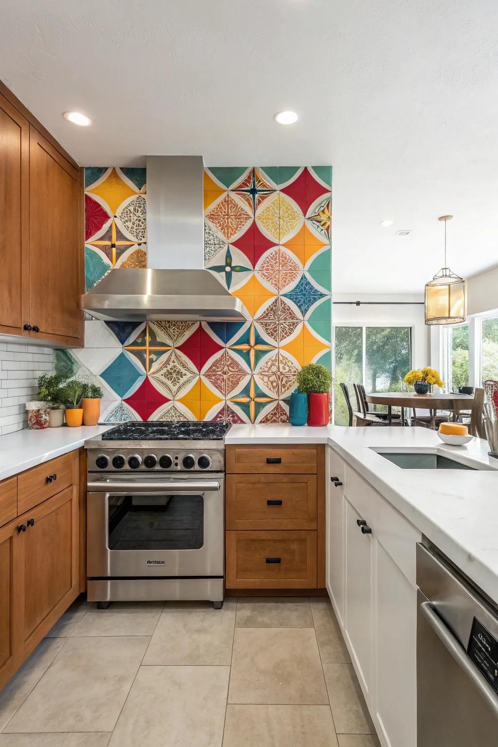 A kitchen highlighting a striking statement backsplash.