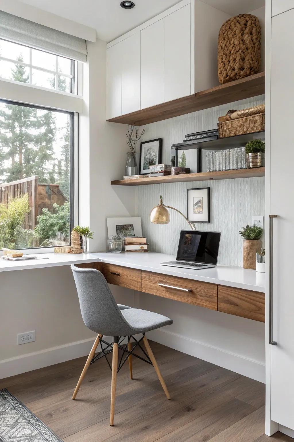 A floating workstation adds a touch of minimalist charm to your kitchen nook.