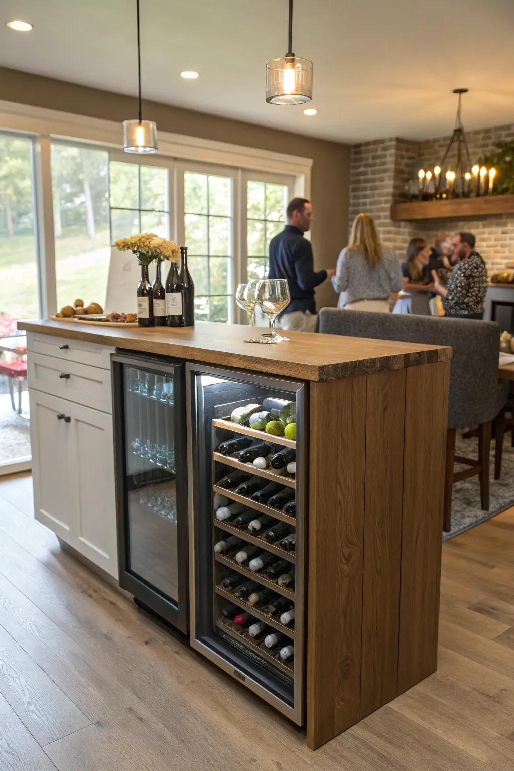 A cooking area peninsula ready for socializing with an incorporated wine storage area.