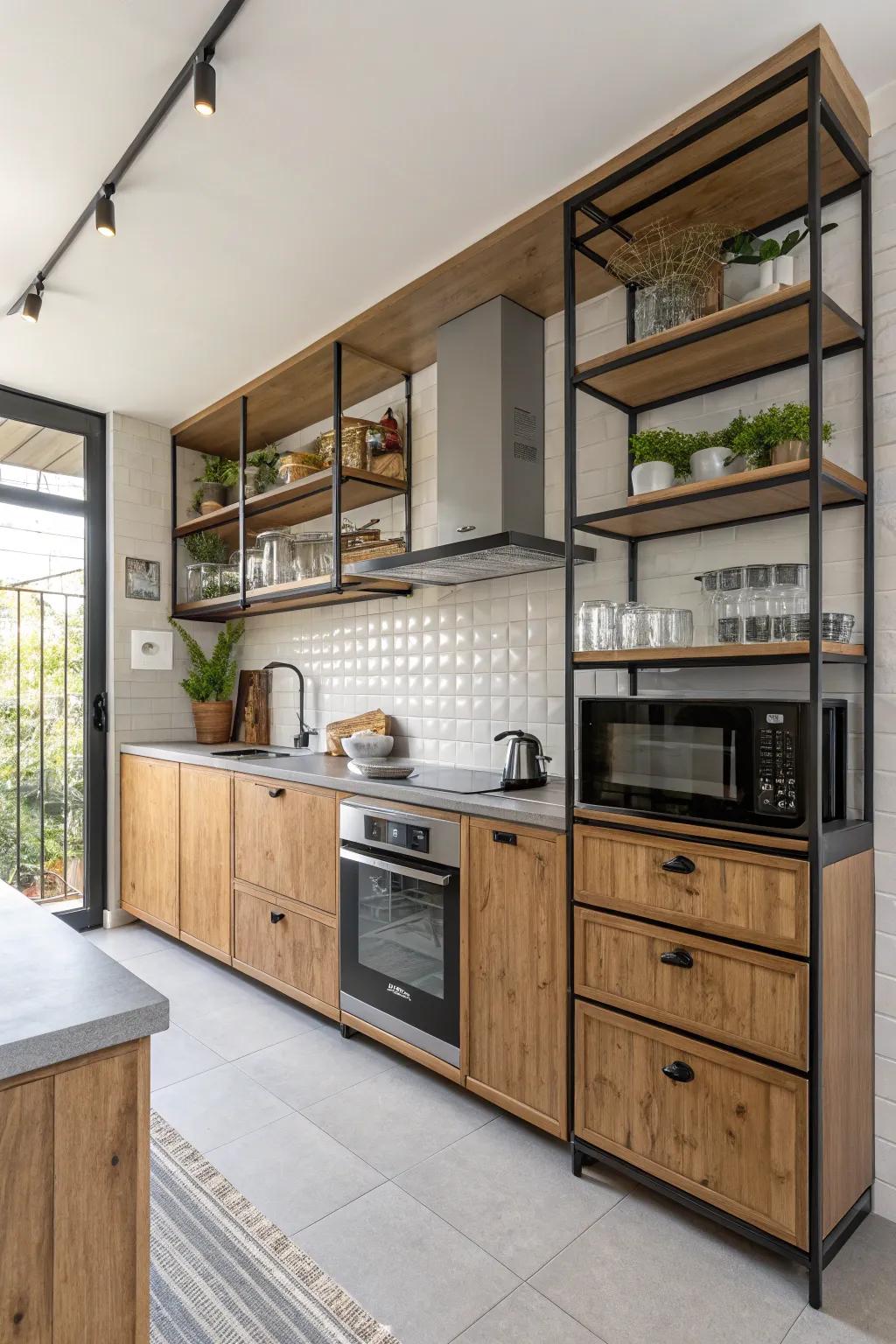 A combined approach with mixed shelving can foster a lively kitchen environment.