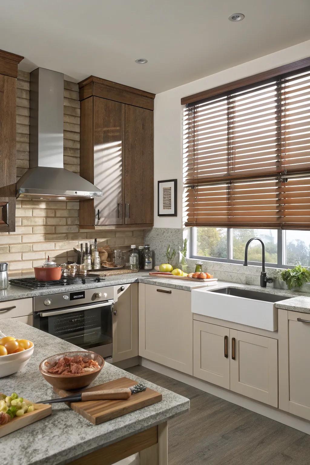 Faux wood screens offer resilience and style ideal for kitchens.