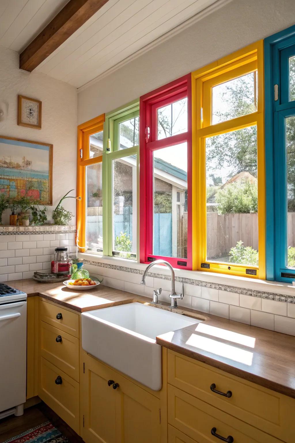 A culinary space showcasing captivating vividly colored window frames.