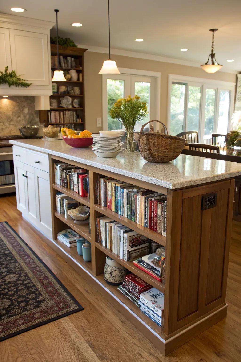 A bookshelf in the island contributes personal flair and practicality.
