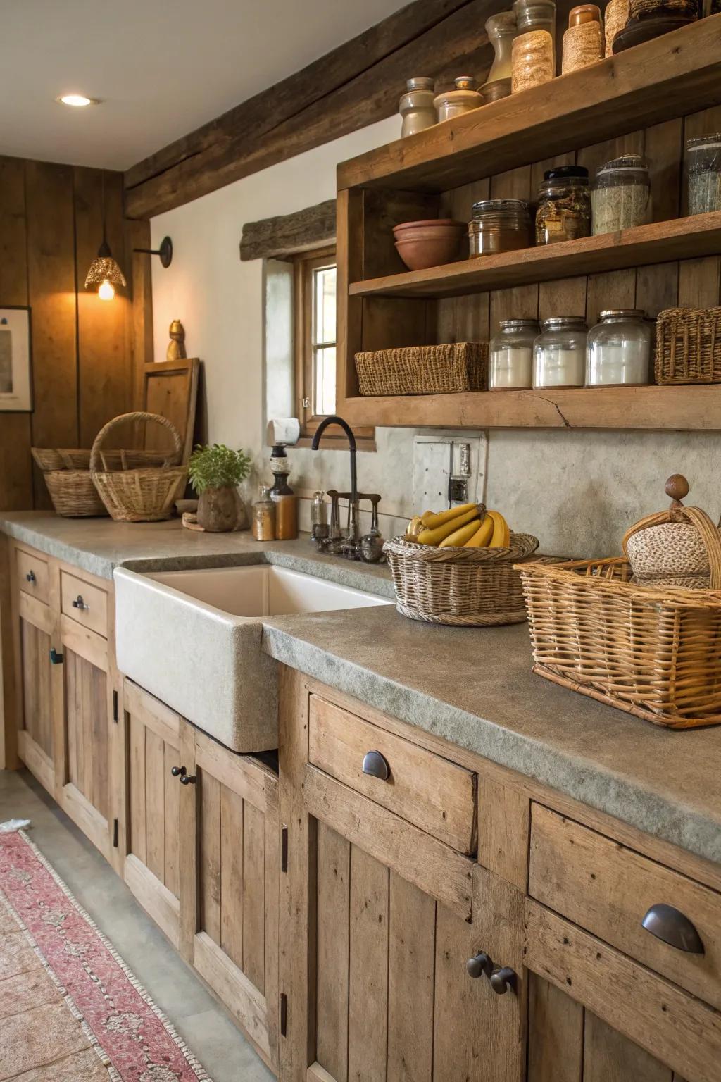 A rustic-style kitchen design featuring concrete countertops and farmhouse-inspired elements.