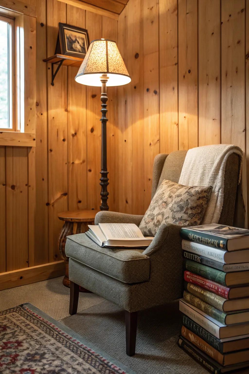 A snug reading corner perfect for relaxation in a knotty pine cabin.