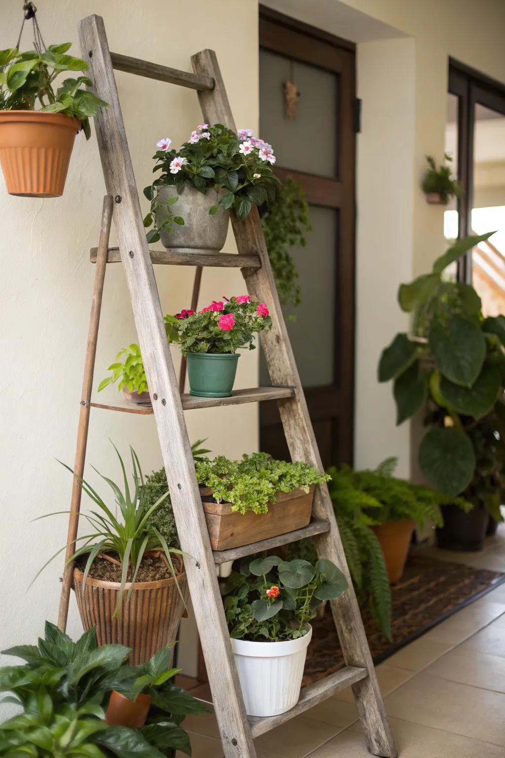 A ladder plant stand showcases greenery beautifully.