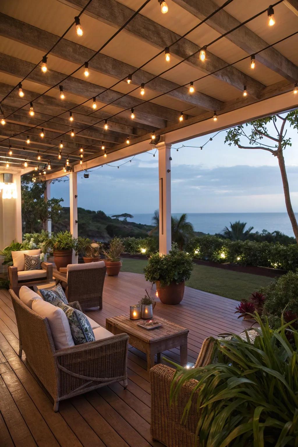 Enchanting illumination imparts a magical detail to this lanai.