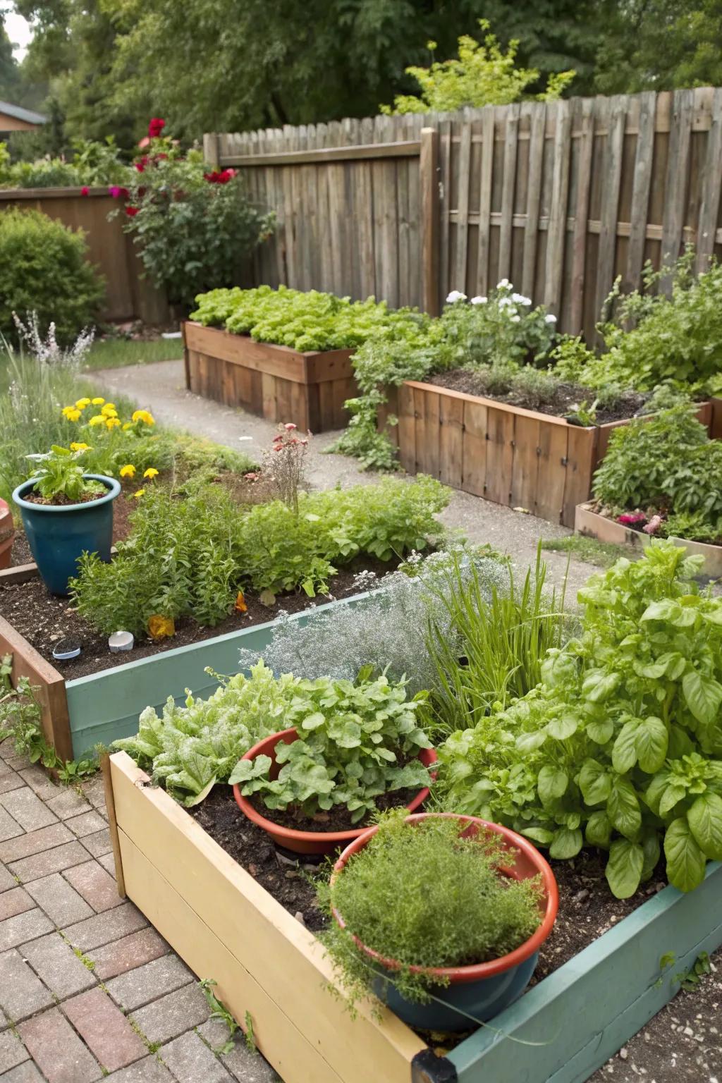 A garden featuring raised beds with vegetables and herbs, mixing beauty and function.