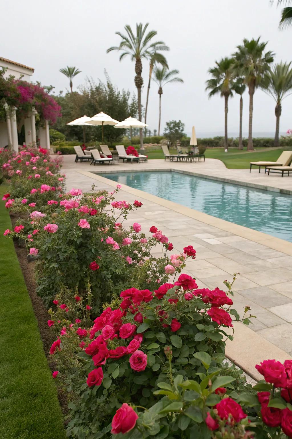 Radiant roses establish a poolside oasis.