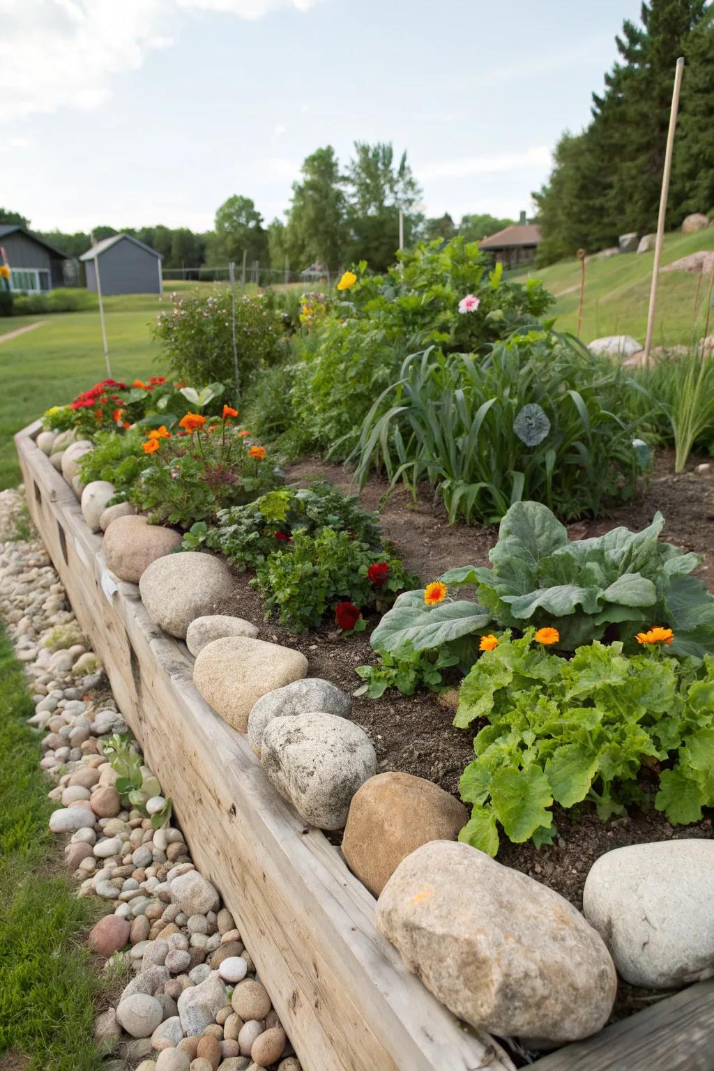 Large rocks make a natural border for raised beds that look like they belong in the country.
