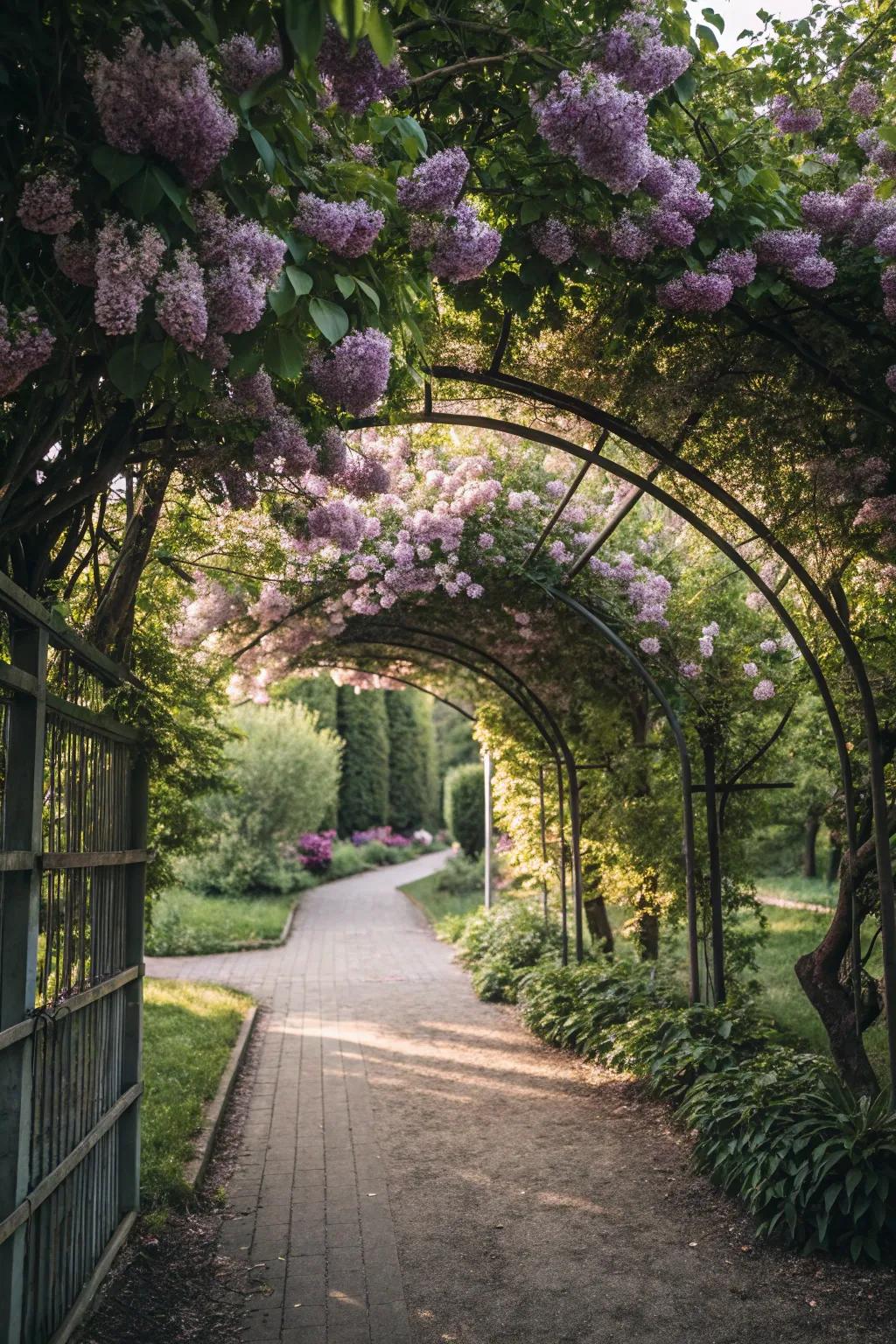 A lilac archway offers a grand entrance to the garden.