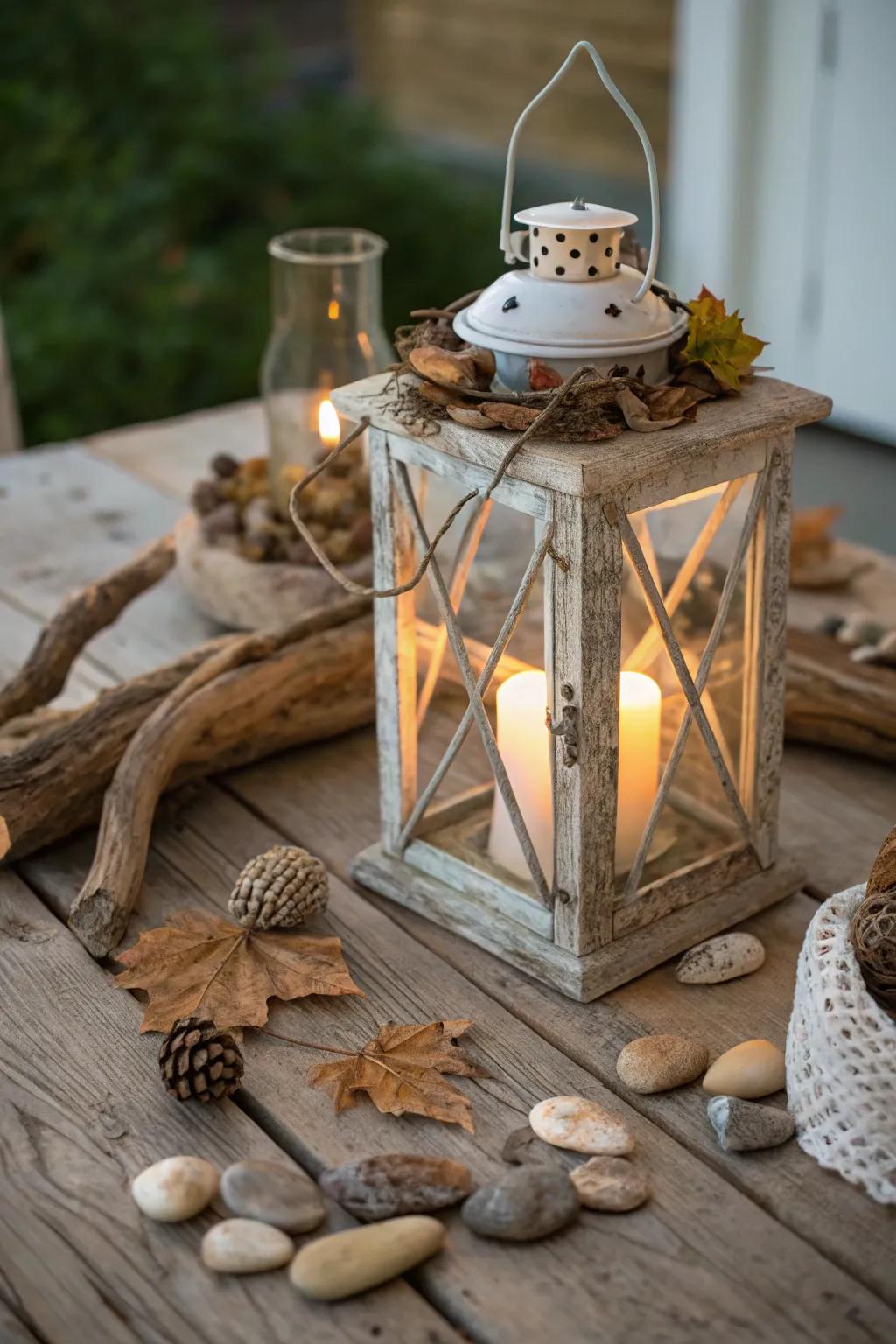 A lantern adorned with natural elements for an earthy feel.