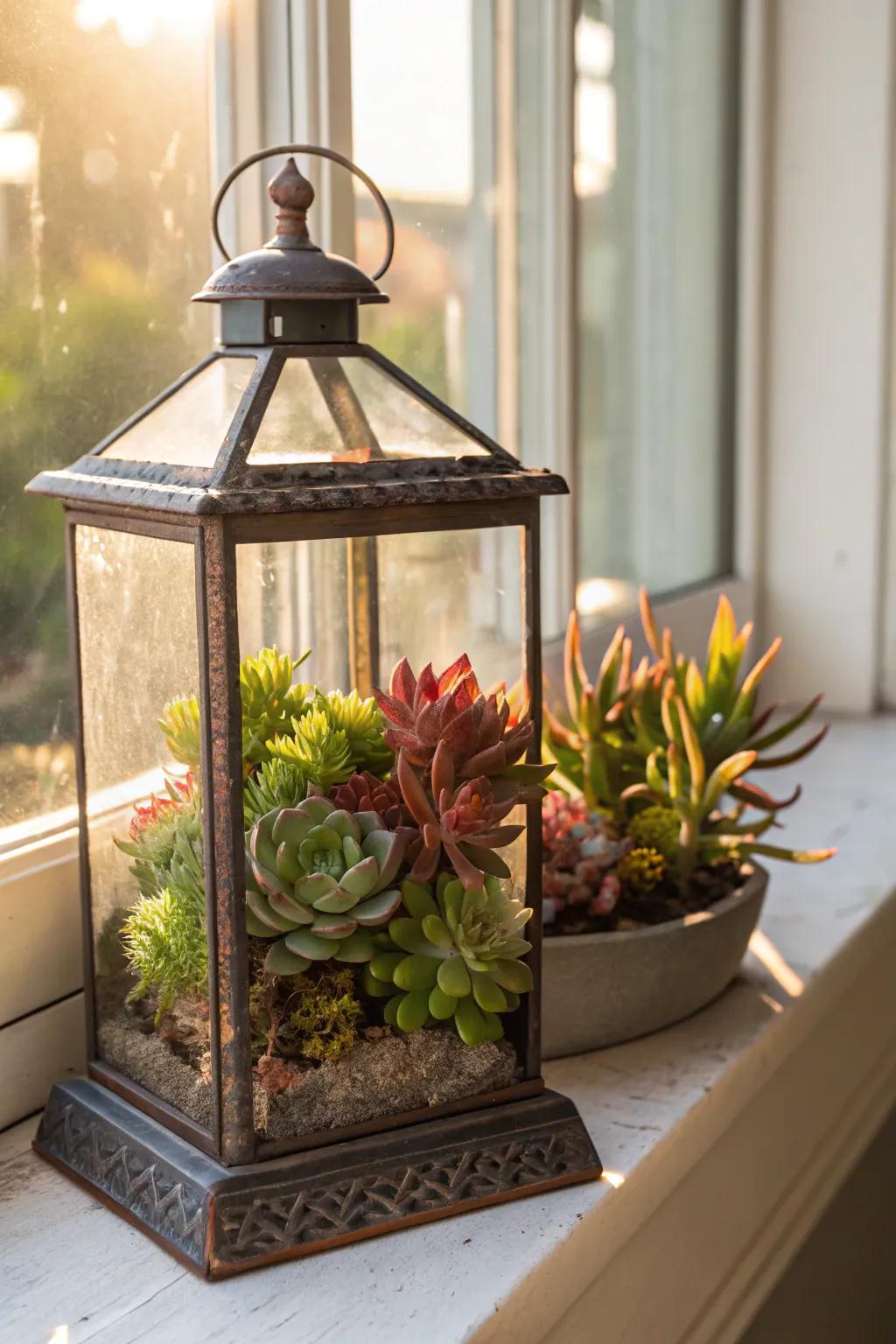 Convert lanterns into distinctive growing containers for a green accent.