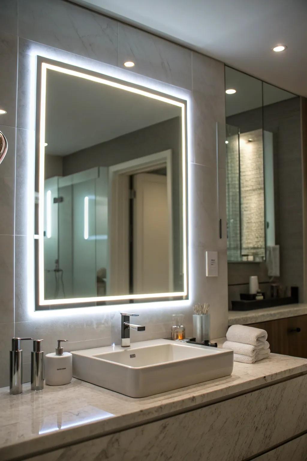 Backlit reflectors provide a sleek, heavenly glow for your bathroom.