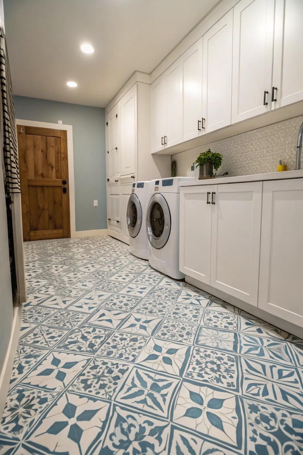 Unique and artistic flooring in a stylish laundry room.
