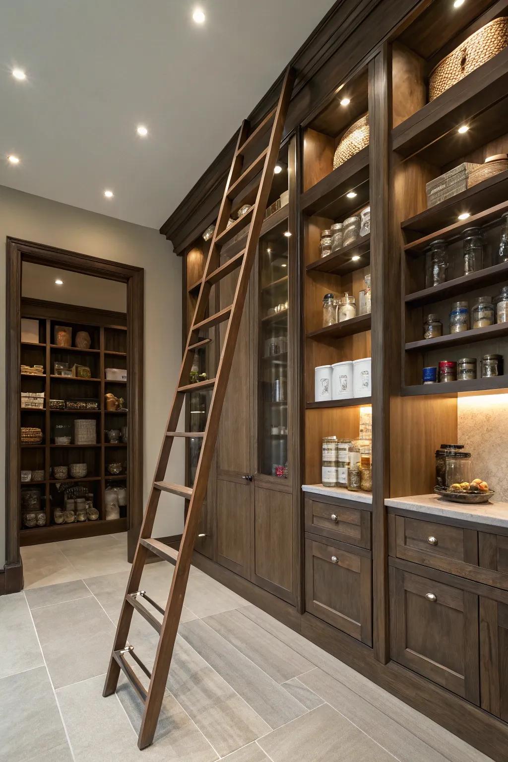 A rolling ladder introduces elegance and accessibility to your pantry.