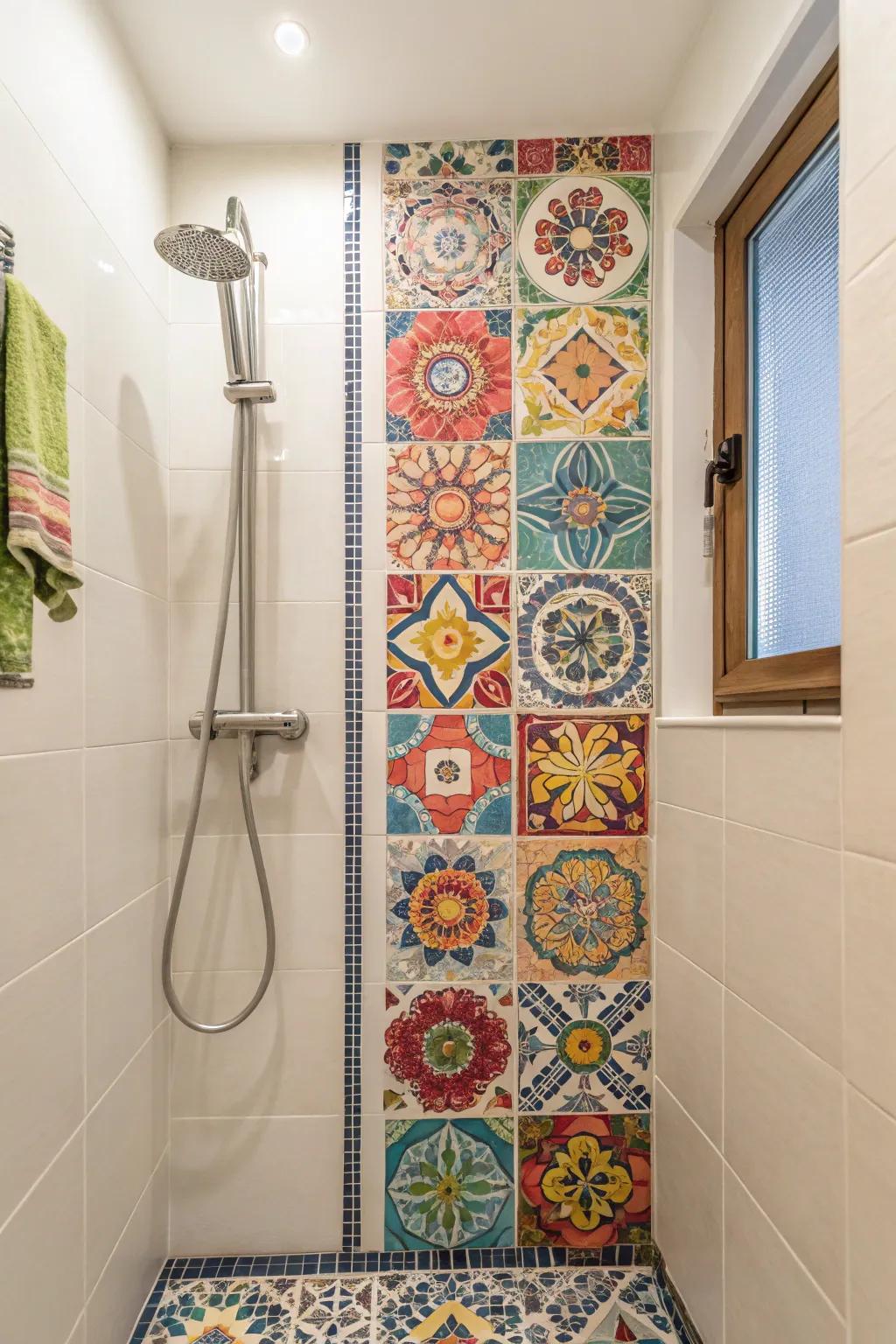 Tiny squares add an artistic touch to your shower.