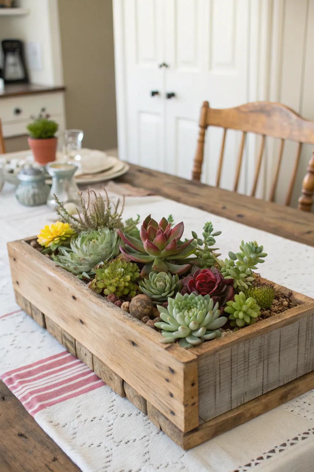 A rustic wood made container overflowing with rich succulents.